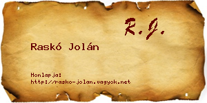 Raskó Jolán névjegykártya